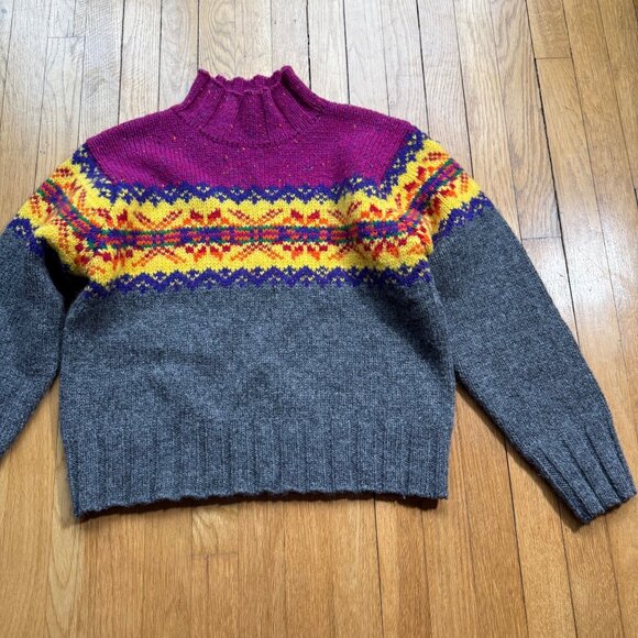 Express Vintage Size M Pink Yellow & Gray Fair Isle Wool Knit Mock Neck Sweater - Picture 3 of 12